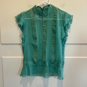 GUESS JEANS Women Teal Silk Lace Mock Neck Ruffle Sleeve Blouse‎ Top L Vintage